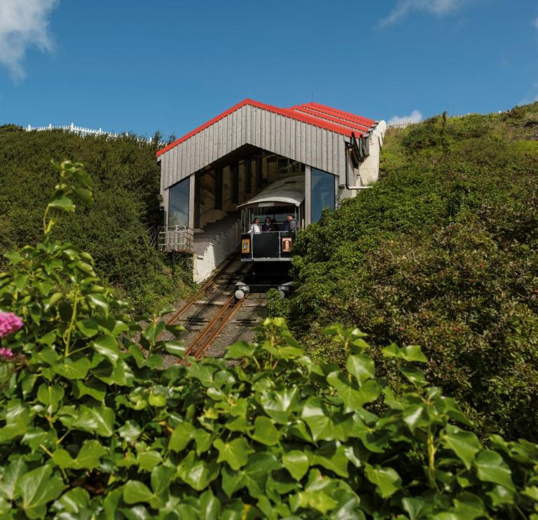 A mountain cliff railway departing from it's shed framed by foliage and flowers.