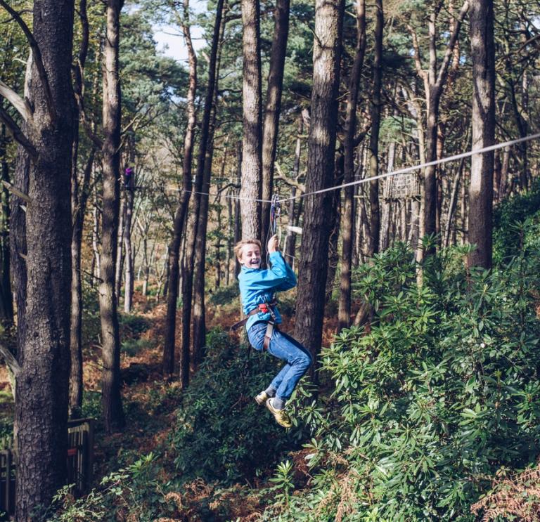 Boy riding a zipwire speeding between the trees