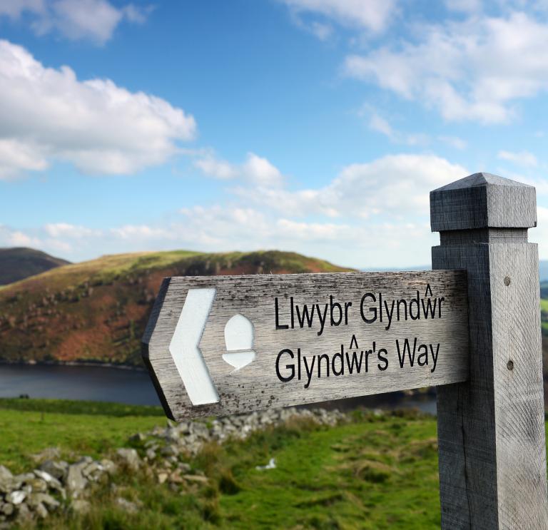 Wegweiser auf dem Glyndŵr's Way mit dem Clywedog Reservoir und Hügeln im Hintergrund.