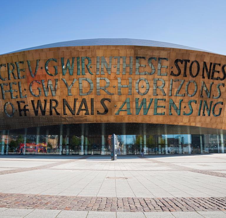 Outside front photo of the Wales Millennium Centre.