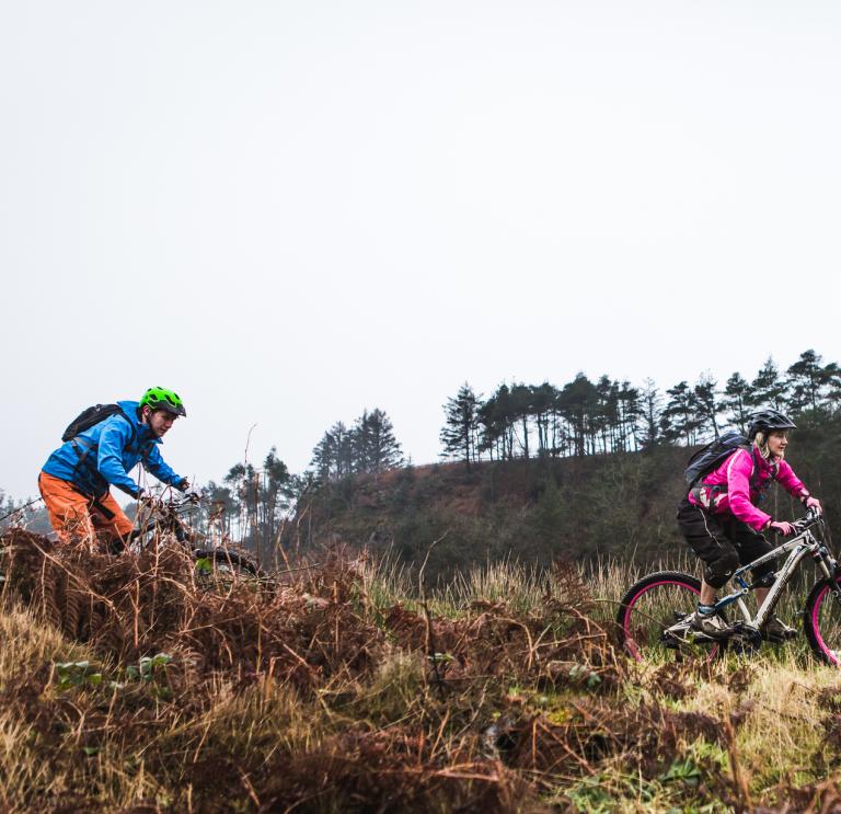 Two mountain bikers on a trail at Afan Forest Park.