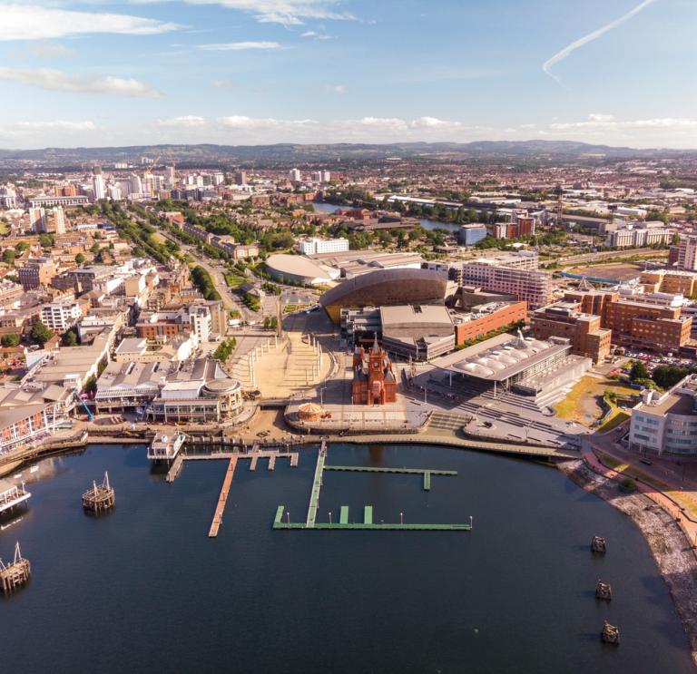 An aerial view of all the attractions and waterfront at Cardiff Bay.
