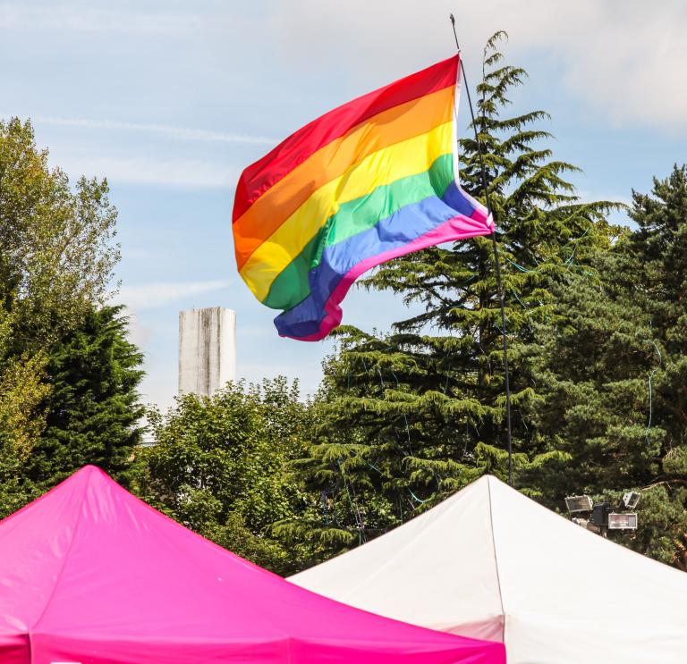 LGBT+ rainbow flag fluttering in the sky