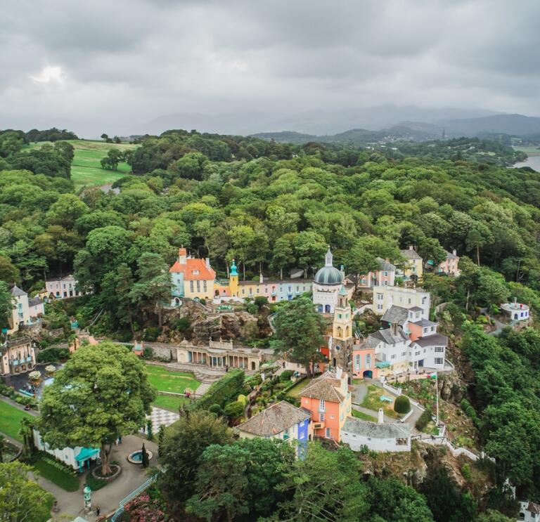 Portmeirion from above including countryside
