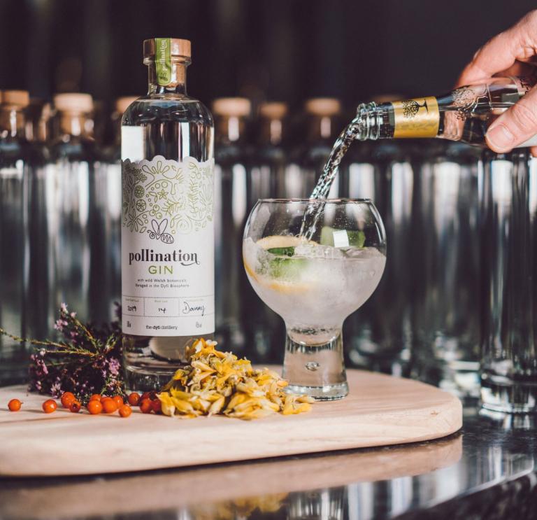 A bottle of tonic being poured into a glass of gin on a board showing the gin bottle and ingredients.