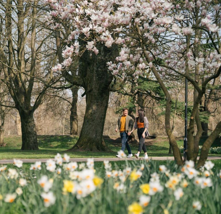 Woman and man walking in a flower filled urban park.