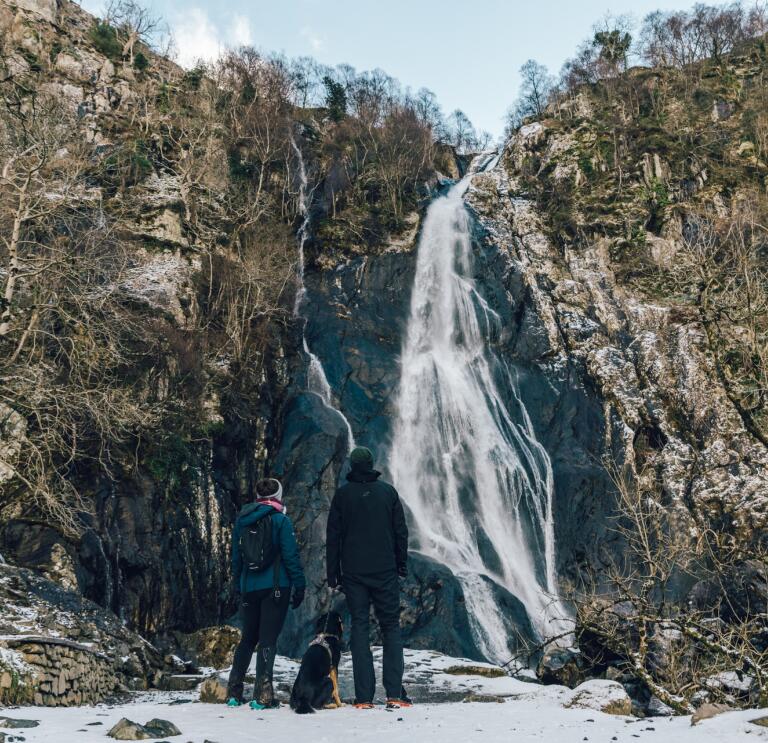people and dogs in snow with waterfall in background.
