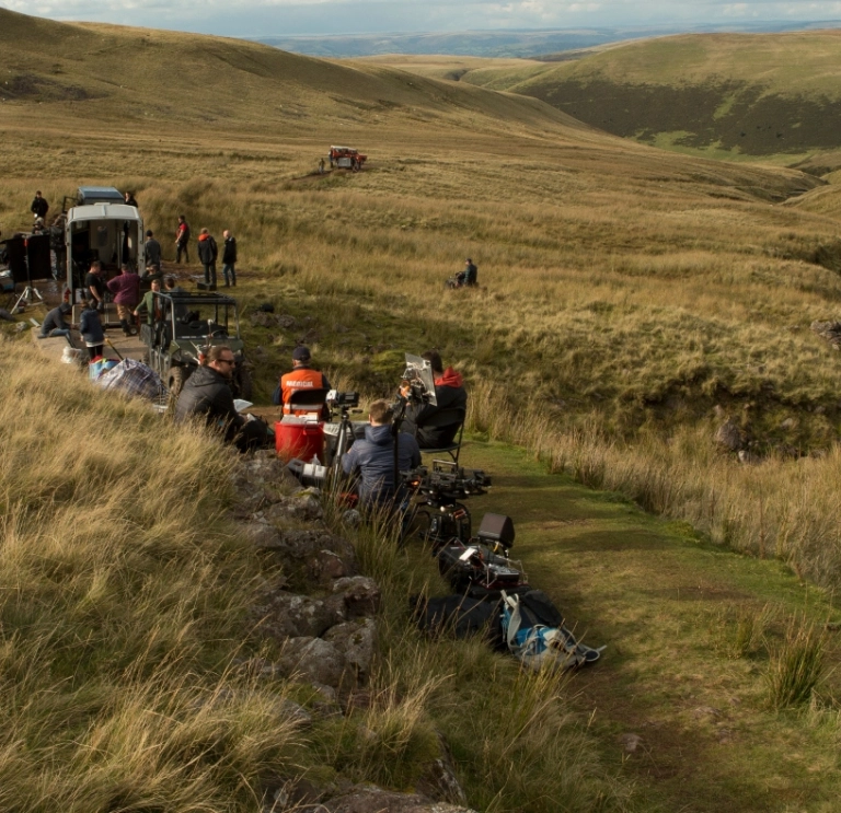 Cast and crew on location at Llyn y Fan Fach, West Wales.