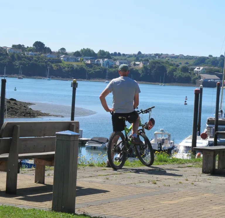 cyclist looking at marina.