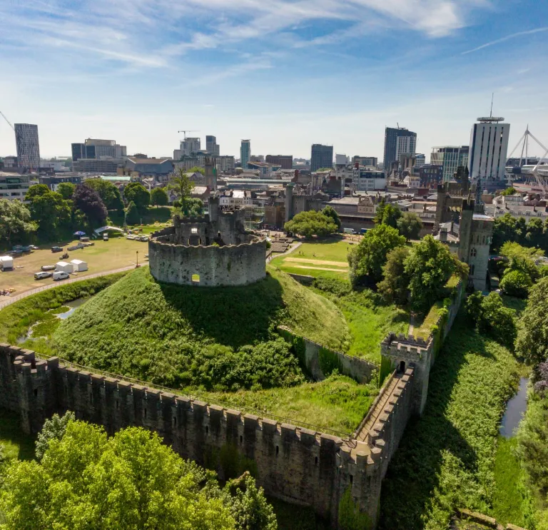 aerial view of Caerdydd (Cardiff) Castle, South Wales 