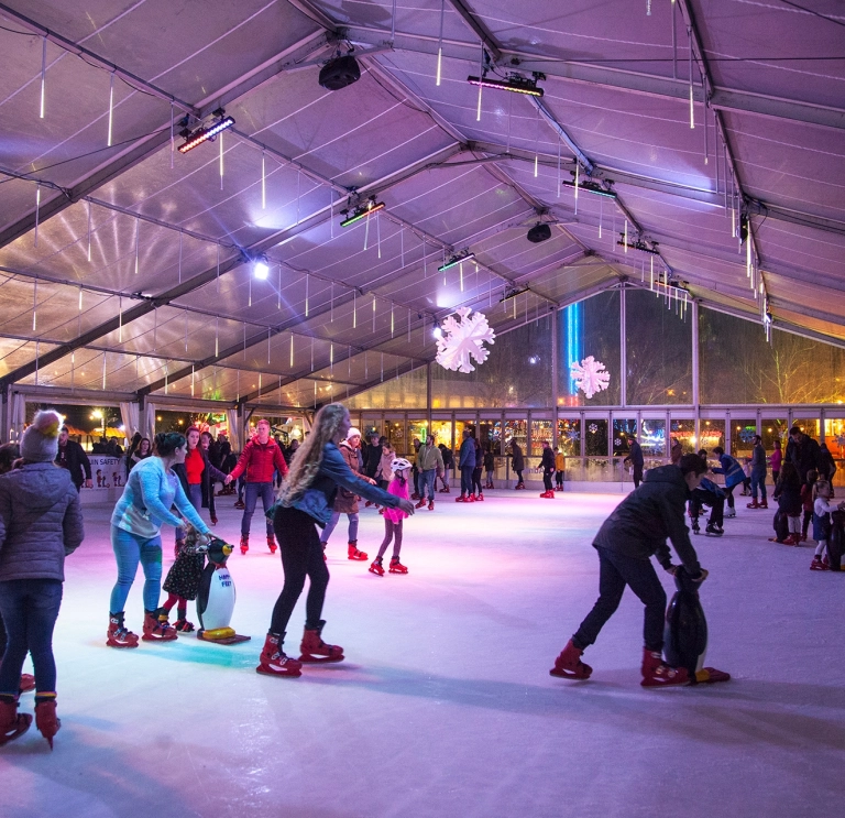 ice skaters in covered outdoor rink with coloured lights.