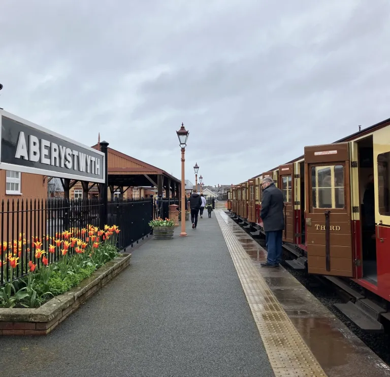 A train in a narrow-gauge railway platform on a rainy day.