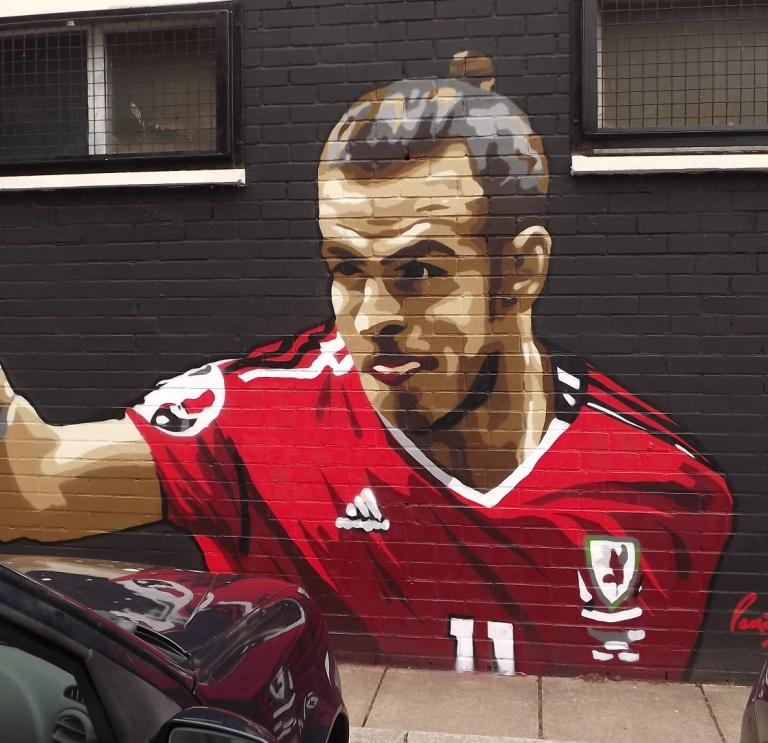 mural of Gareth Bale on changing room wall.