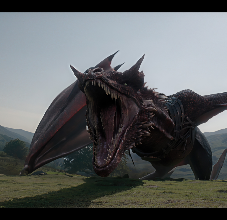 A very large angry looking red dragon in a field, with wings spread wide and mouth open.