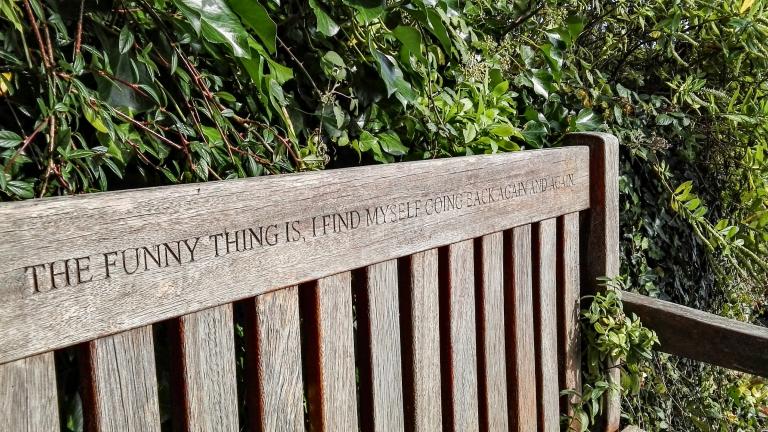 Bench with plaque that reads 'The funny thing is, I find myself going back again and again'