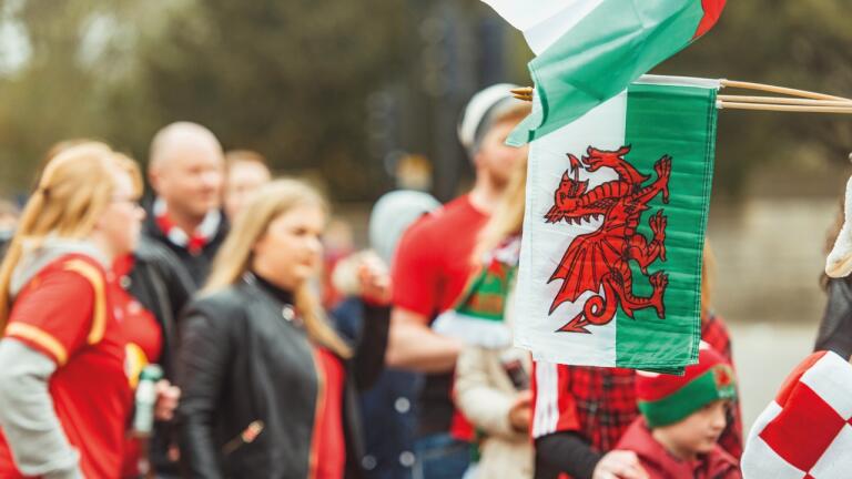 A crowd and a Welsh flag - green and white with a red dragon.