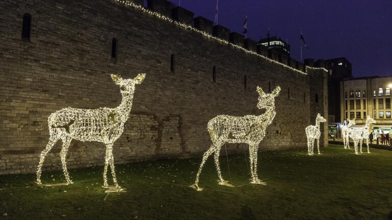 Large illuminated deer Christmas decorations outside Cardiff Castle walls.