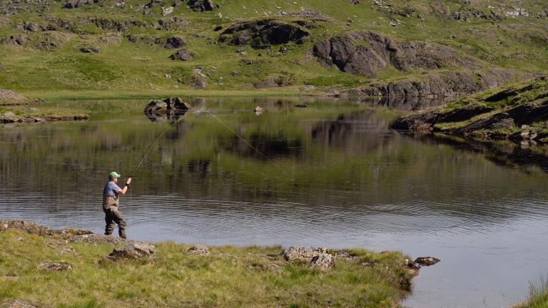 A man fishing by a lake.