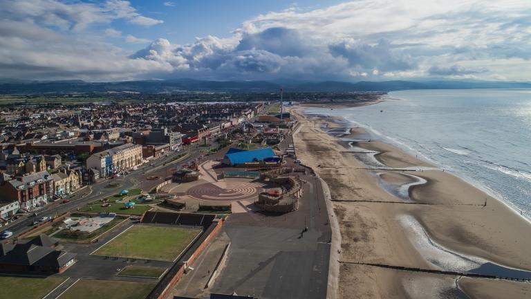 Aerial view of Rhyl seafront.