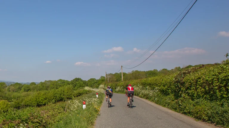 Cyclists on a road in the countryside.
