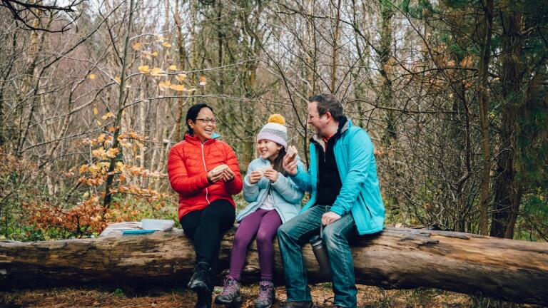 parents and daughter sat on log  in forest.