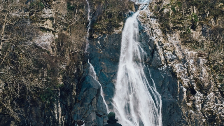 people and dogs in snow with waterfall in background.