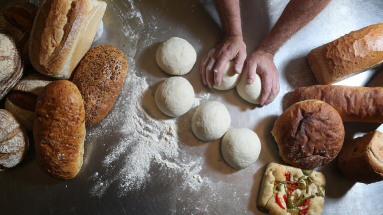 Image from above of a person kneading dough.