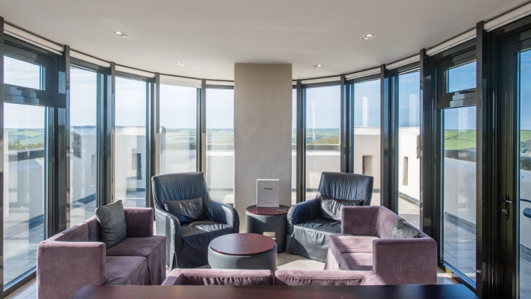 hotel lounge with windows.