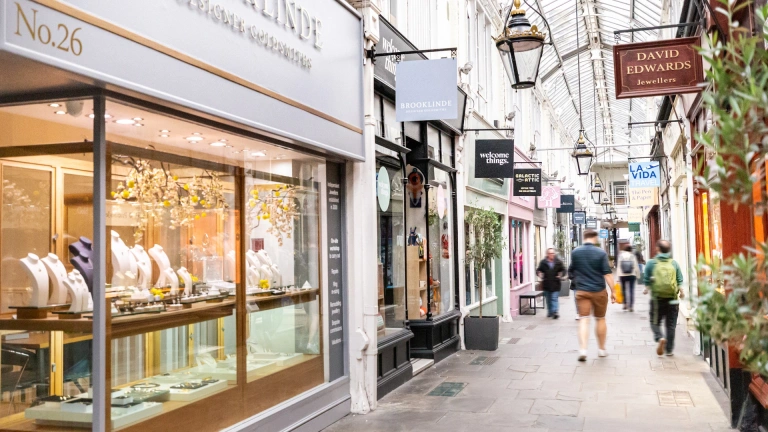 shopping arcade and people walking.