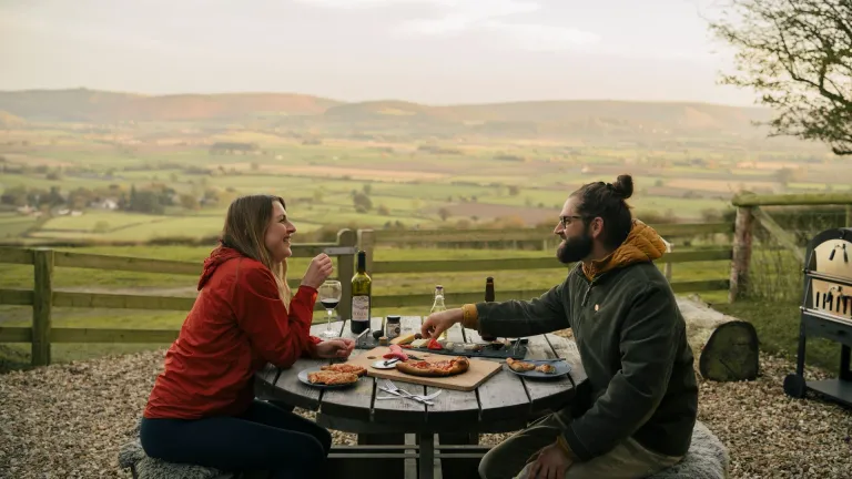 woman and man sat at a picnic table with a selection of food and a view of countryside.