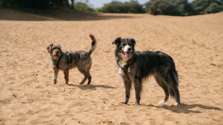 Two dogs stood on a sandy beach.