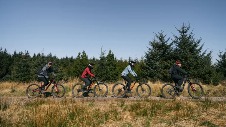 four people in a line on mountain bikes on path in bike park.