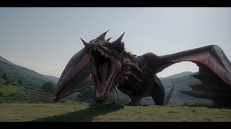 A very large angry looking red dragon in a field, with wings spread wide and mouth open.
