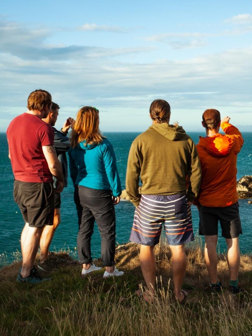 A group of people on a coast path looking out at the scenery beyond.