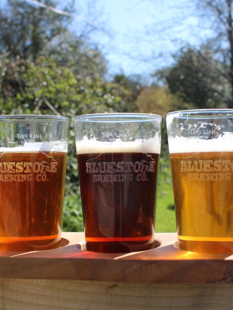 Three different colours of beer in pint glasses engraved with Bluestone Brewing Co Limited.