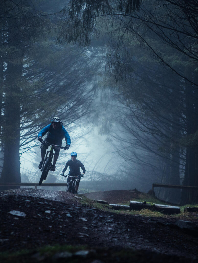 Two mountain bikers on a trail through a dark forest.