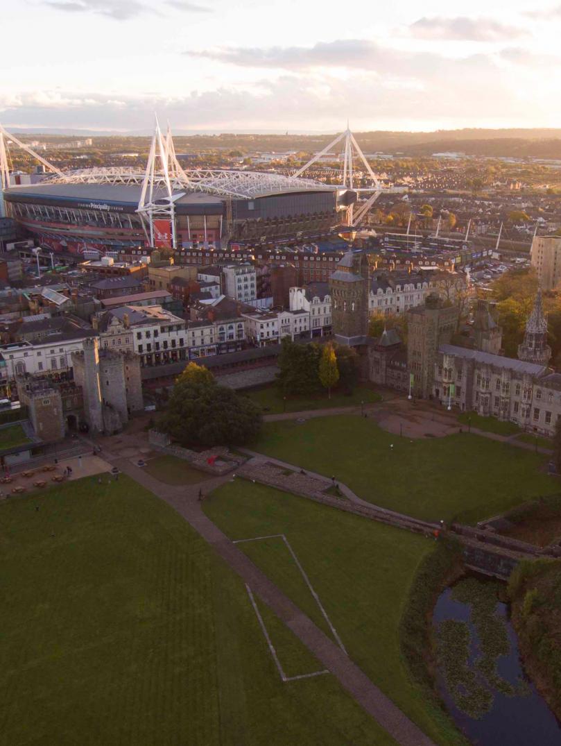 Aerial image of Cardiff with the castle and the stadium in view.