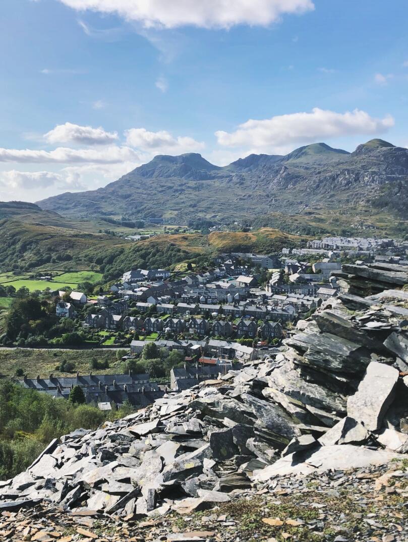 View of Blaenau Ffestiniog with mountains in the background