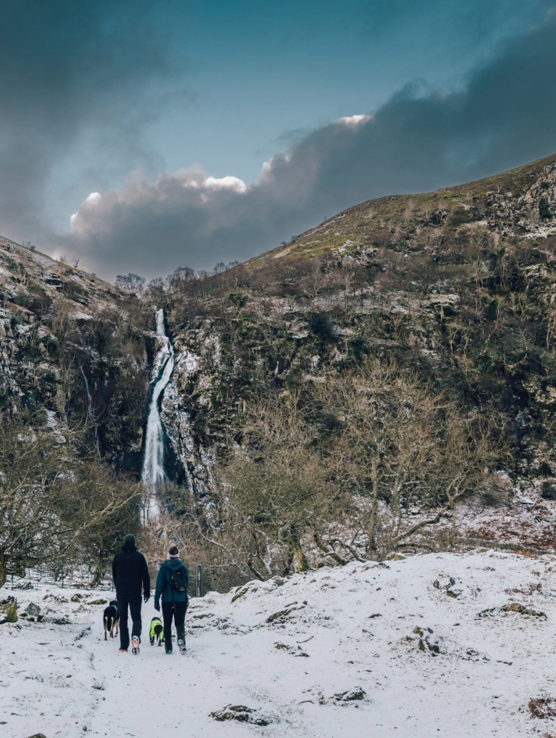 people walking dogs in snow with waterfall in background.