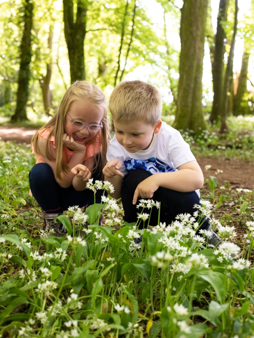 girl and boy in woods looking at wild garlic.