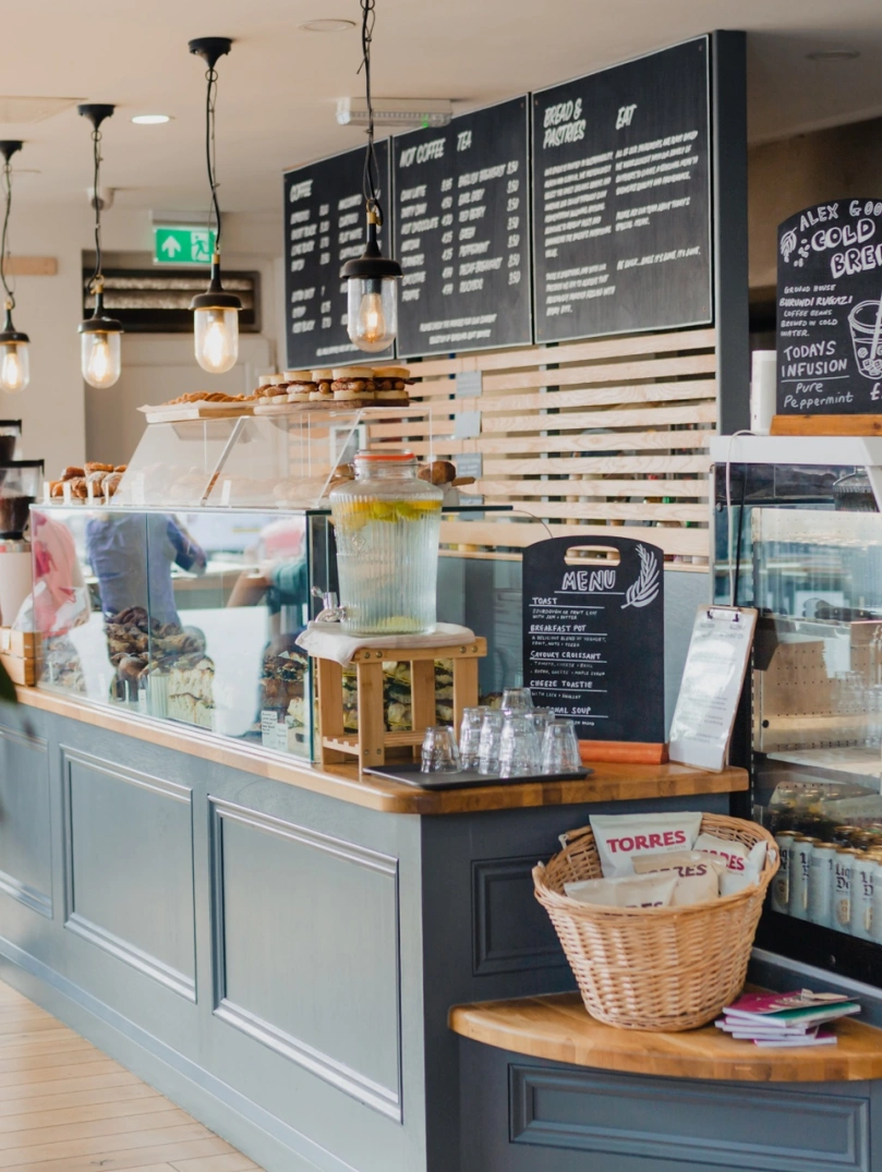 Counter in bakery with customer.