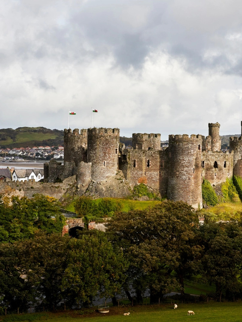 A large castle on the bank of a river.