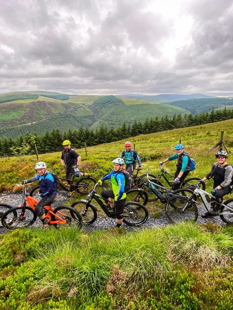 aerial view of group of cyclists on eBikes.