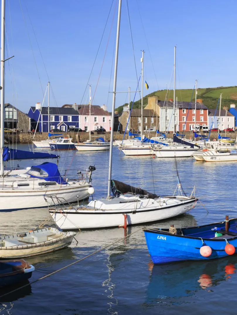 Small boats and yachts moored in a colourful harbour on a sunny day, with brightly painted buildings and green hills in the background.