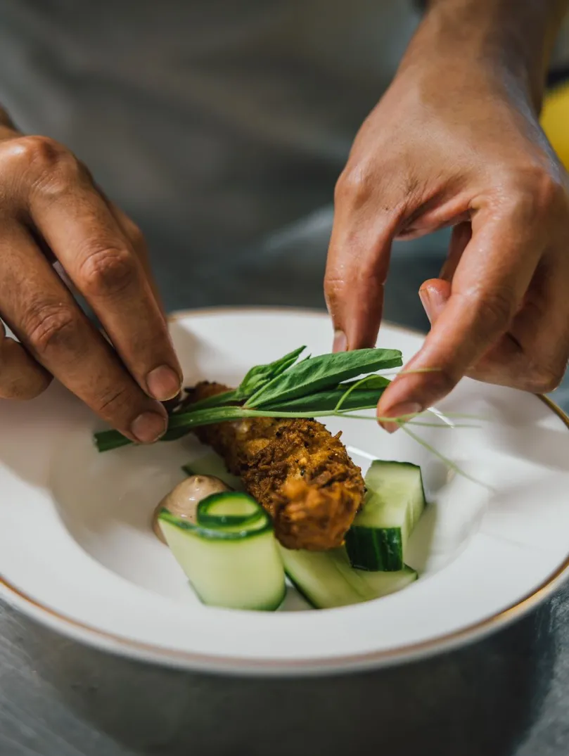 Close‑up of a chef's hands garnishing a plated dish with fresh herbs and sliced vegetables.