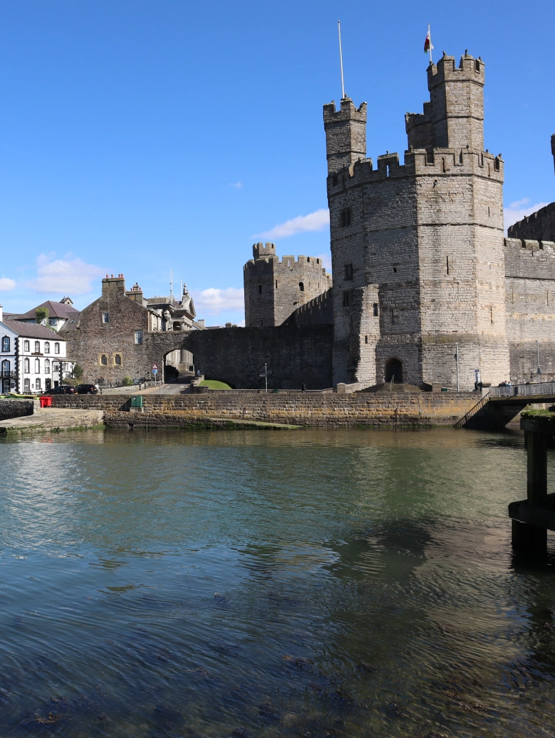 Castell Caernarfon wrth lan y dŵr, gyda’i furiau cerrig mawreddog yn cael eu hadlewyrchu yn nyfroedd tawel yr harbwr o dan awyr las.