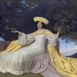 A painting of a lady sitting in a grand dress with a long gold cape flowing around her.