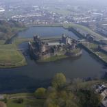 aerial view of Caerphilly Castle and surrounding area.