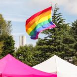 LGBT+ rainbow flag fluttering in the sky
