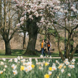 Woman and man walking in a flower filled urban park.